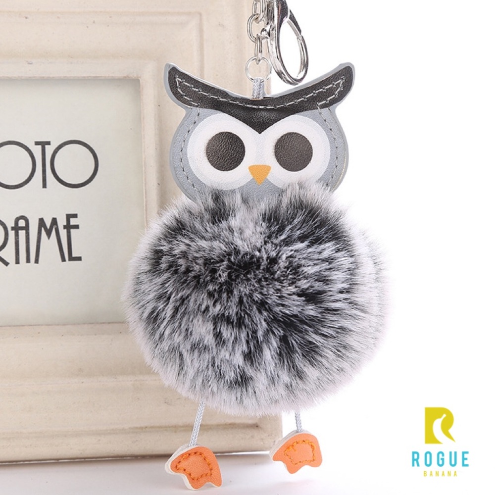 🆕Black & Gray Owl Pom Silver Keychain Bag Charm